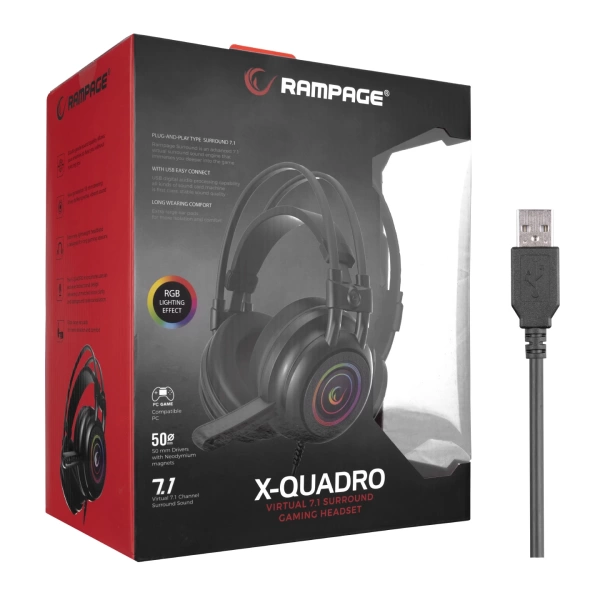 Rampage RM-K2 X-QUADRO Siyah USB 7.1 Version RGB Işık Efektli Oyuncu Mikrofonlu Kulaklık