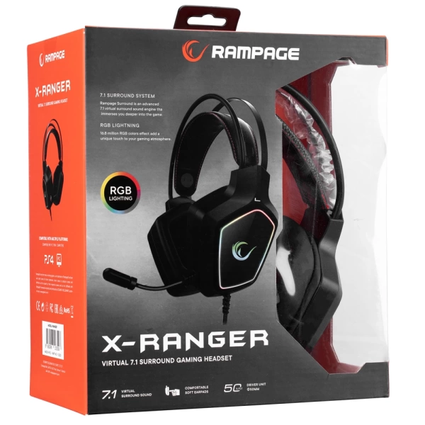 Rampage X-RANGER Siyah 7.1 Surround Sound System RGB Ledli Mikrofonlu Oyuncu Kulaklığı