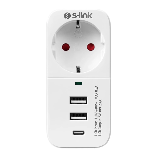 S-link SL-011 16A/250V 750 Joule 2 Usb 1 Type C Isıya Duyarlı Devre ve Akım Korumalı Tekli Priz