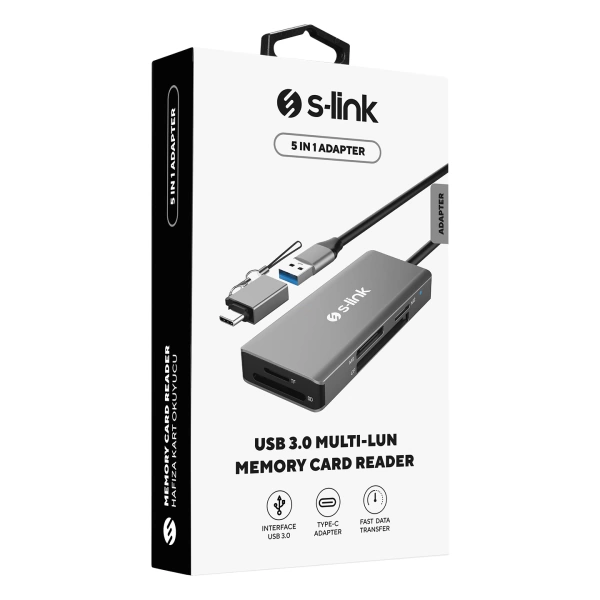 S-link SL-CR51 TypeC ve USB3.0 CF, SD, M2, MicroSD SD, MS 5 in 1 Metal Kart Okuyucu