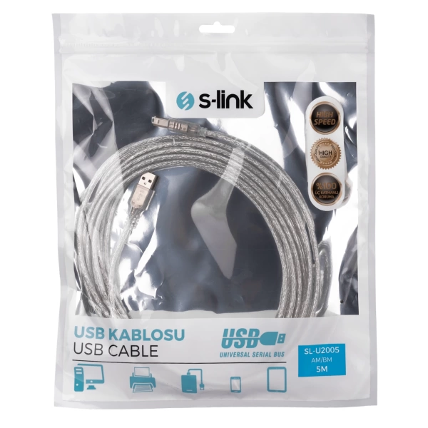 S-link SL-U2005 Usb2.0 5m Şeffaf Yazıcı Kablo Yazıcı Kablo