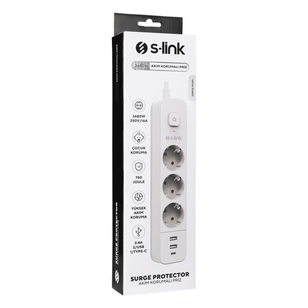 S-link SPG03TC 2 Usb +1Type C 5V2.4A 1.5m3 lü 3 lü Anahtarlı Akım Korumalı Beyaz Priz