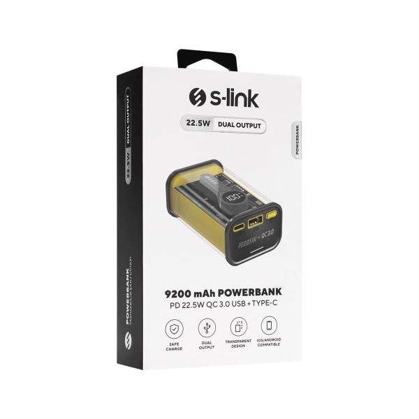 S-Link V92 9200mAh PD22.5W + QC3.0 USB+Type-C Gri/Sarı LCD Şeffaf Powerbank