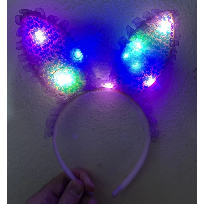 Kenarları Dantelli Mor Pullu Payetli Led Işıklı Tavşan Kulak Taç 23x19 Cm