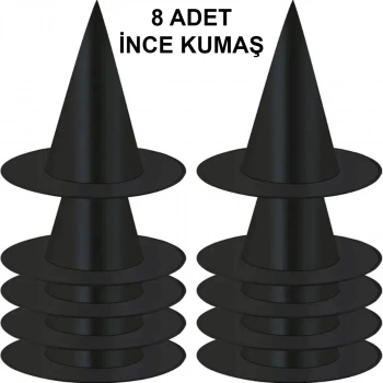 8 Adet Siyah Cadı Şapkası – Yetişkin  Çocuk Kostüm Aksesuarı
