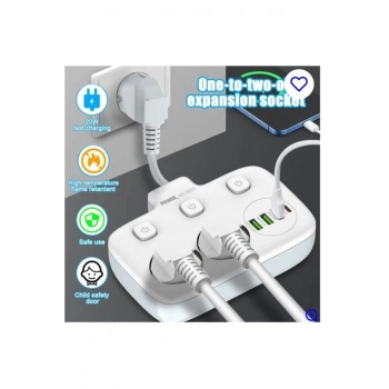 Akım Korumalı 2’li Ayrı Anahtarlı Priz, 2x Priz, 3x Usb, 1x Type-c, 2 Mt Kablo, Hızlı Şarj