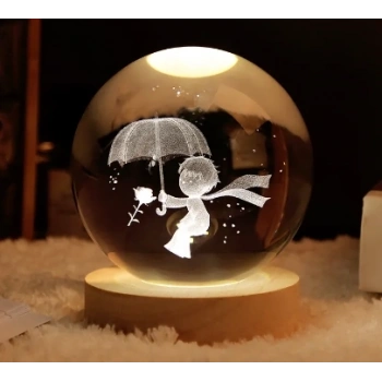Dekoratif Küçük Prens Tasarımlı Ahşap Altlıklı Işıklı Cam Küre Cam:6cm Ahşap:2cm
