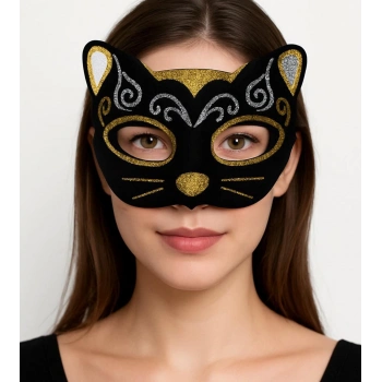 Kadife Dokulu Sim Detaylı Işıltılı Kedi Maskesi Altın Gümüş 20x13 Cm