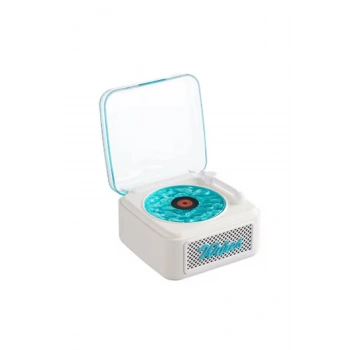 Nostalji Mini Plak Görünümlü Radyolu Bluetooth Hoparlör 3d Ses Dalgası Retro Müzik Plak Beyaz