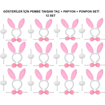 Pembe Tavşan Kostüm Seti – Taç, Papyon, Ponpon (12’li Paket)