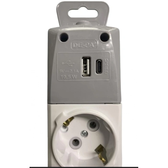 3 lü Topraklı klemensli USB grup priz USB A + USB C chargıng 5V 2 ,1 A 10,5 W