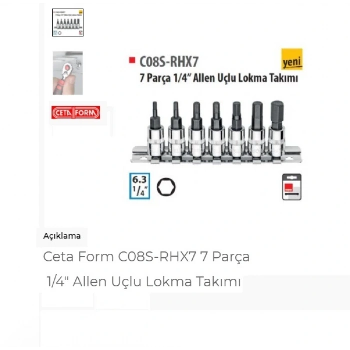 Ceta Form C08s-rhx7 7 Parça 1/4 Allen Uçlu Lokma Takımı