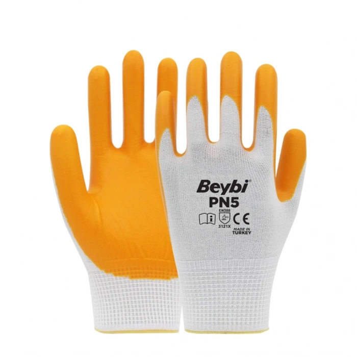 Beybi Pn5 Polyester Örme Nitril Iş Eldiveni 12 Çift Beyaz – Sarı