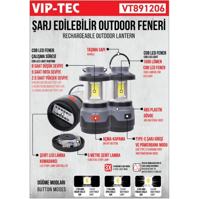 VIP-TEC ŞARJ EDİLEBİLİR OUTDOOR FENERİ VT891206