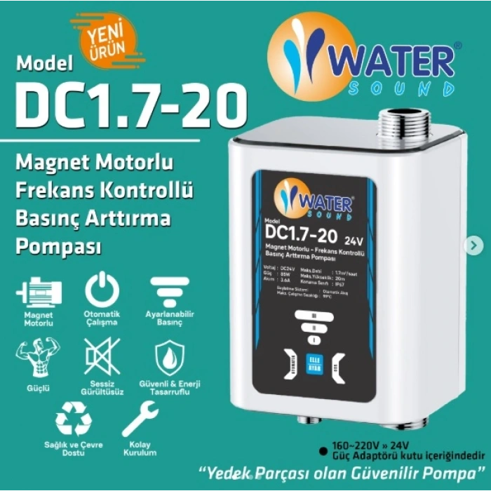 Water Sound Sessiz Daire Içi Hidrofor, Güneş Enerjisi, Şebeke Basınç Artırıcı Otomatik Pompa 2 Bar 26 Lt/dk - Dc1.7-20