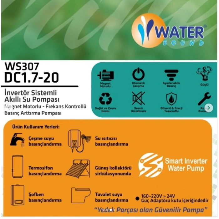 Water Sound Sessiz Daire Içi Hidrofor, Güneş Enerjisi, Şebeke Basınç Artırıcı Otomatik Pompa 2 Bar 26 Lt/dk - Dc1.7-20