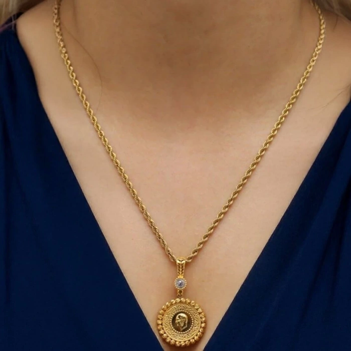 14 Ayar Altın Dorika Baskı Çeyrek Altın Kolye