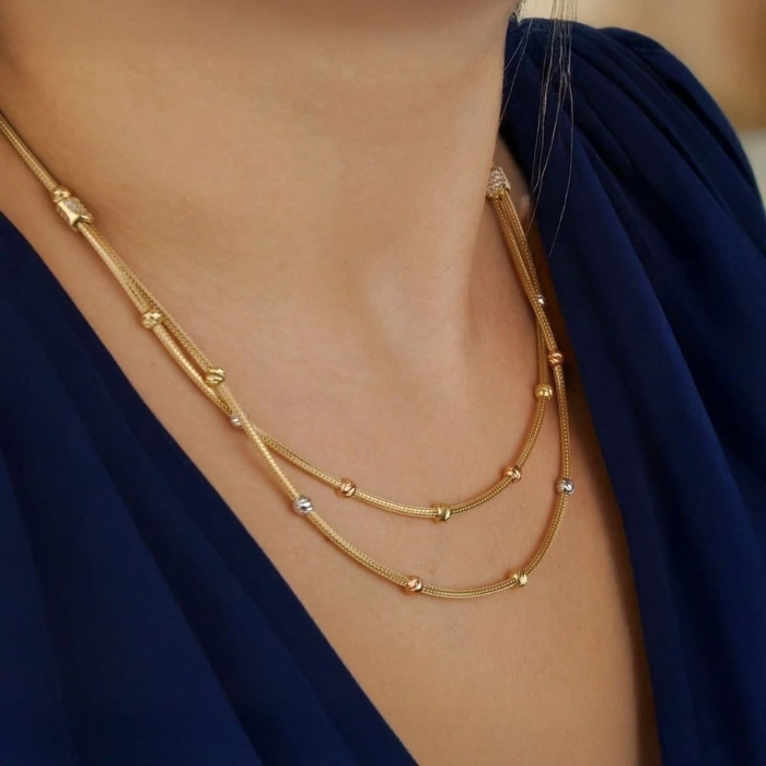 14 Ayar Altın Dorika İkili Sıra Sade Renk Kolye