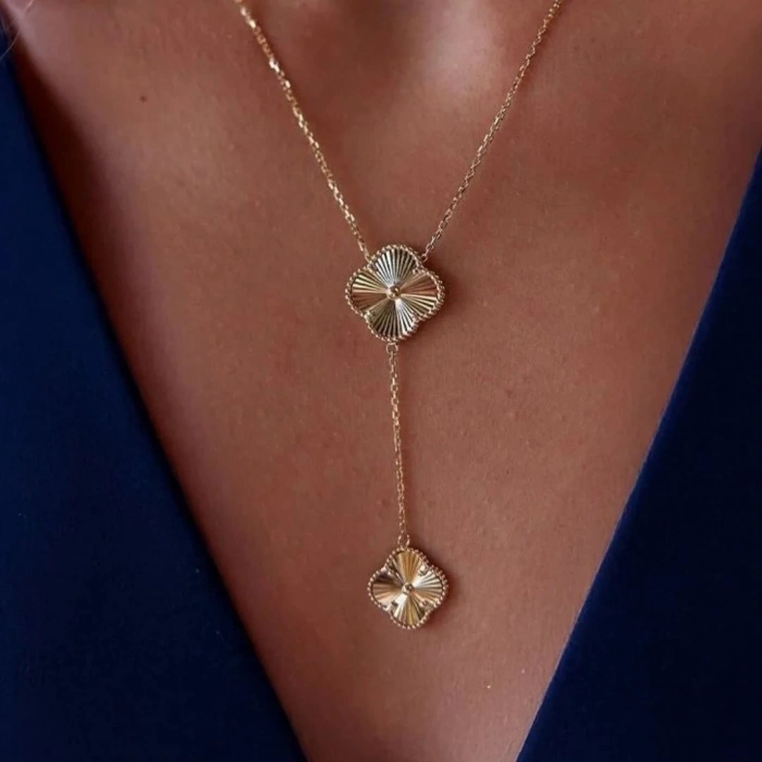 Altın  2li Yonca Zincir Kolye