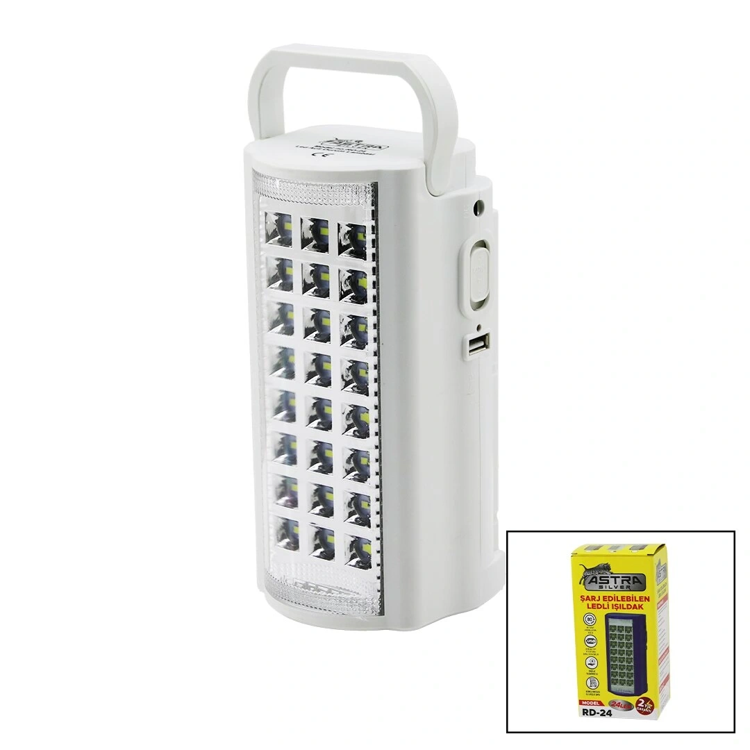 ASTRA SILVER RD-24 ( 24LED ) IŞILDAK LAMBA FENER (FİŞ ŞARJLI) (POWERBANK) (6V AKÜ) (TAŞIMA KULPLU) (8LED & 24LED KULLANIM)*12