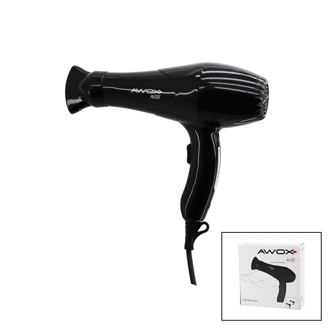 AWOX ALİZE ( SİYAH ) SAÇ KURUTMA & FÖN MAKİNESİ ( + DAR ŞEKİLLENDİRİCİ BAŞLIK ) ( 2 KADEME ISI AYARI ) ( 1200W )*20