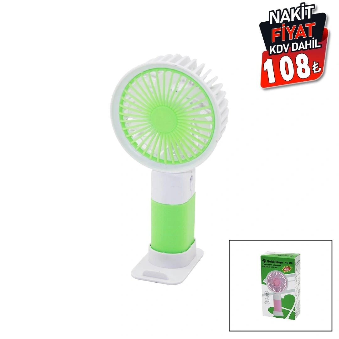 GOLD SİLVER GS-280 (USB ŞARJ) MİNİ EL FANI (ÇAP:7.9CM & Y:15.7CM) (SABİT BAŞLIK) (TEK KADEME HIZ) (TELEFONLUKLU M.ÜSTÜ AYAK)*150
