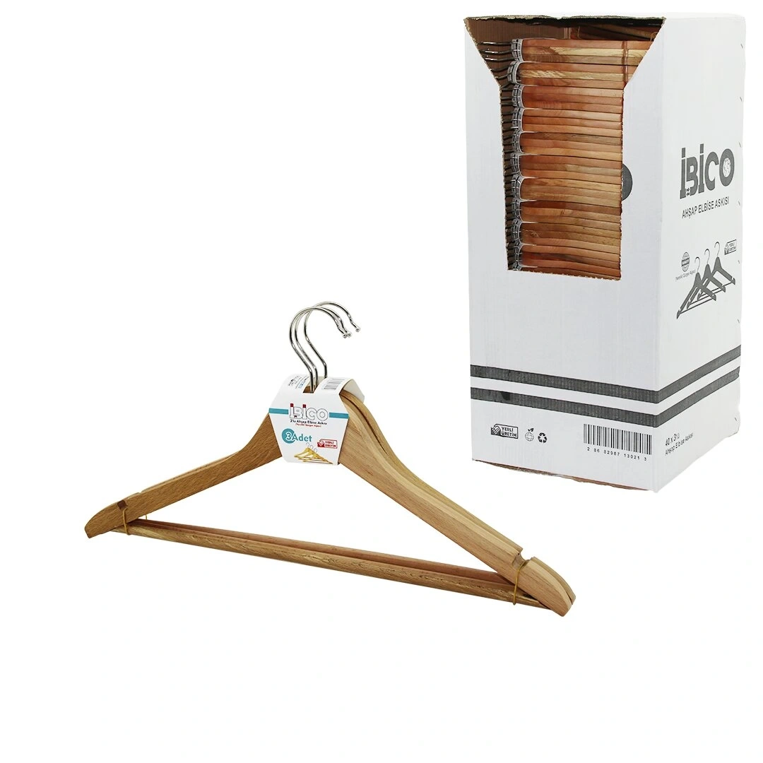 İBİCO ASK-001 ( 3LÜ ) AHŞAP ELBİSE ASKISI ( VERNİKLİ GÜRGEN AĞAÇ )*40=K