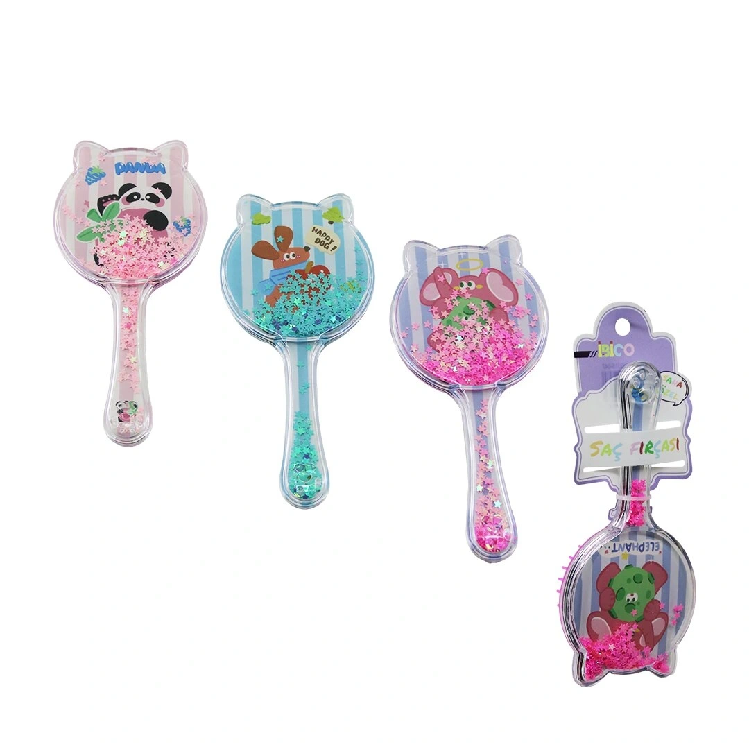 İBİCO İ15-047 (KEDİ MODEL & ŞEFFAF MİKA SAPLI) ÇOCUK SAÇ FIRÇASI=(SİLİKON) & TARAK (ŞEFFAF SAP=HAYVAN RESİM & RENKLİ YILDIZLAR)*12X20