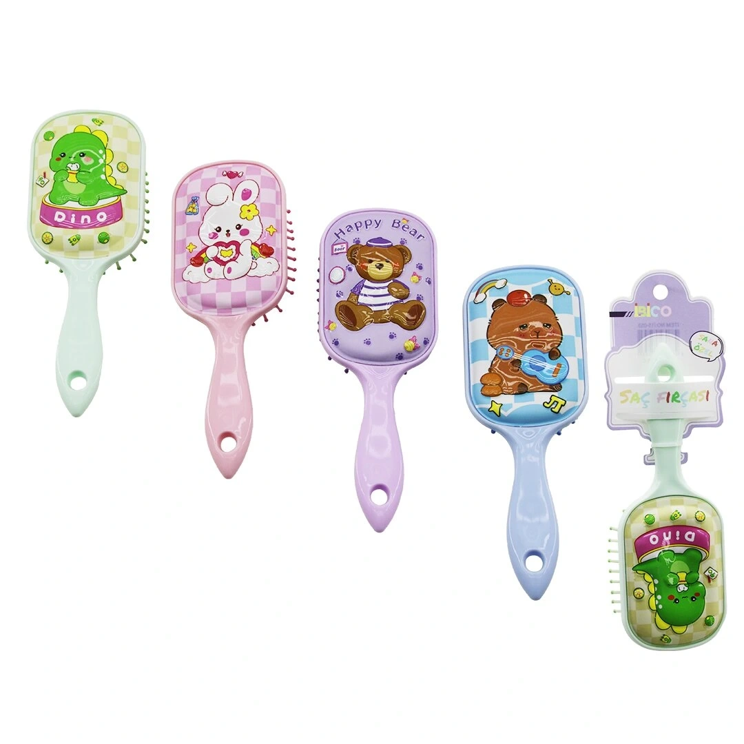 İBİCO İ15-053 (DİKDÖRTGEN) (SİLİKON KABARTMA HAYVAN FİGÜRLÜ) ÇOCUK SAÇ FIRÇASI=PLASTİK & TARAK ( RENKLİ PLS.SAP)*12X20