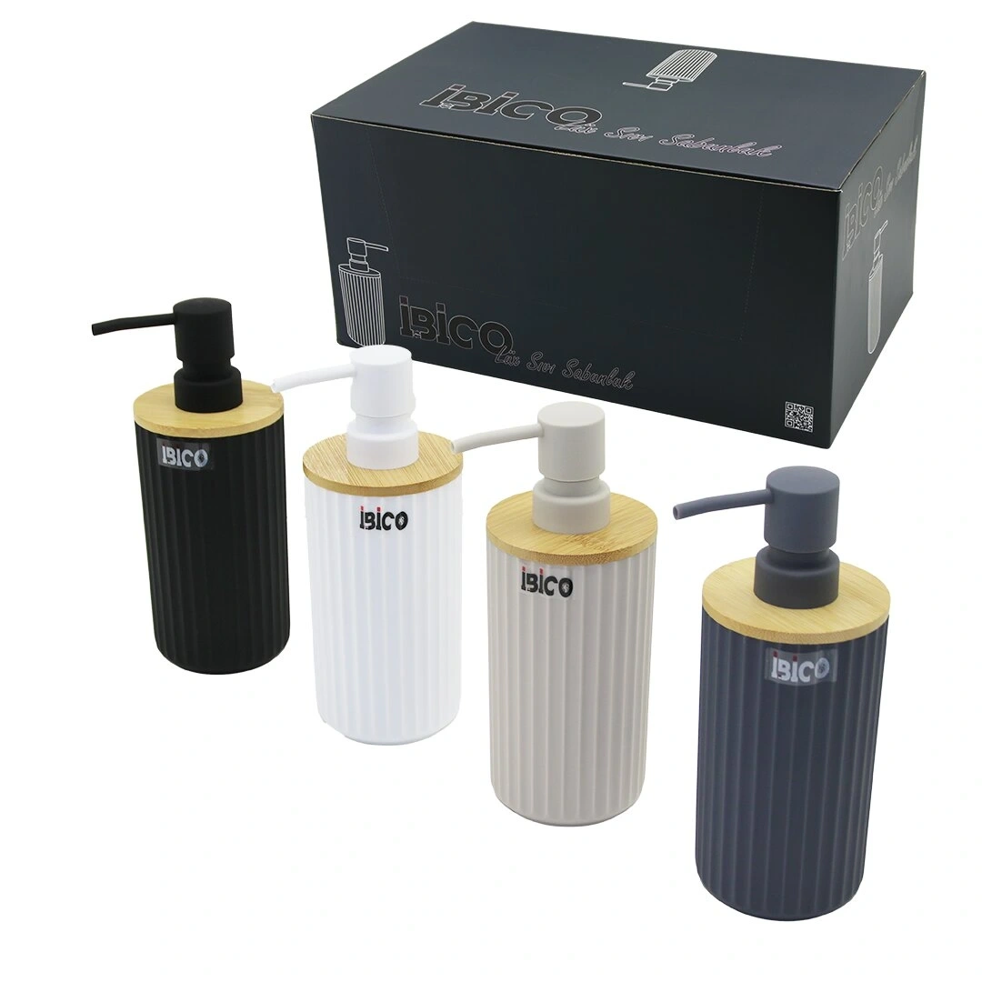 İBİCO İ21-061 ( YUVARLAK & DİK ÇİZGİLİ ) BAMBU & RENKLİ PLASTİK SIVI SABUNLUK*15X4