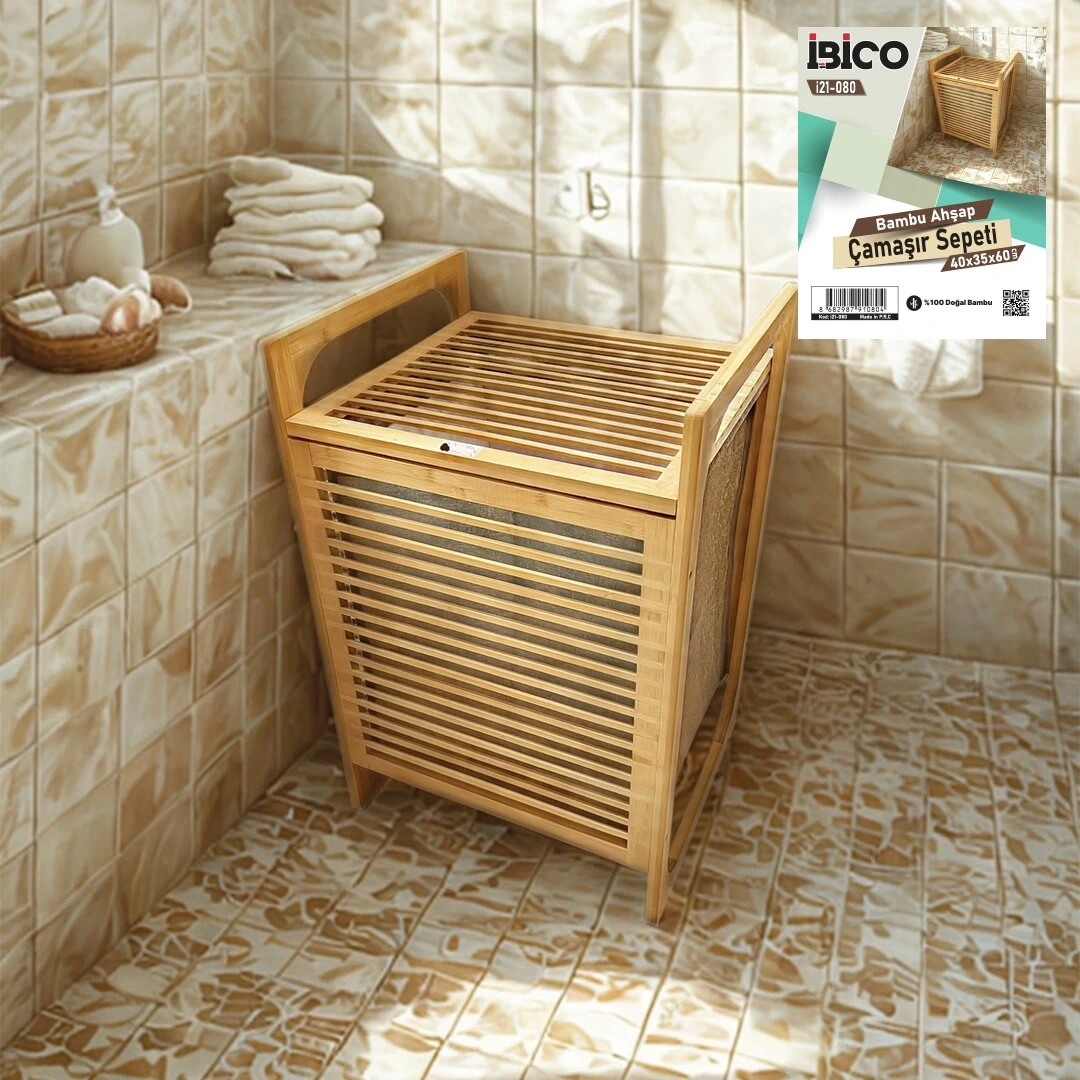 İBİCO İ21-080 ( AHŞAP BAMBU ) KİRLİ ÇAMAŞIR SEPET ( KUMAŞ ÇANTALI ) ( SEPET=40X35X60CM )*6