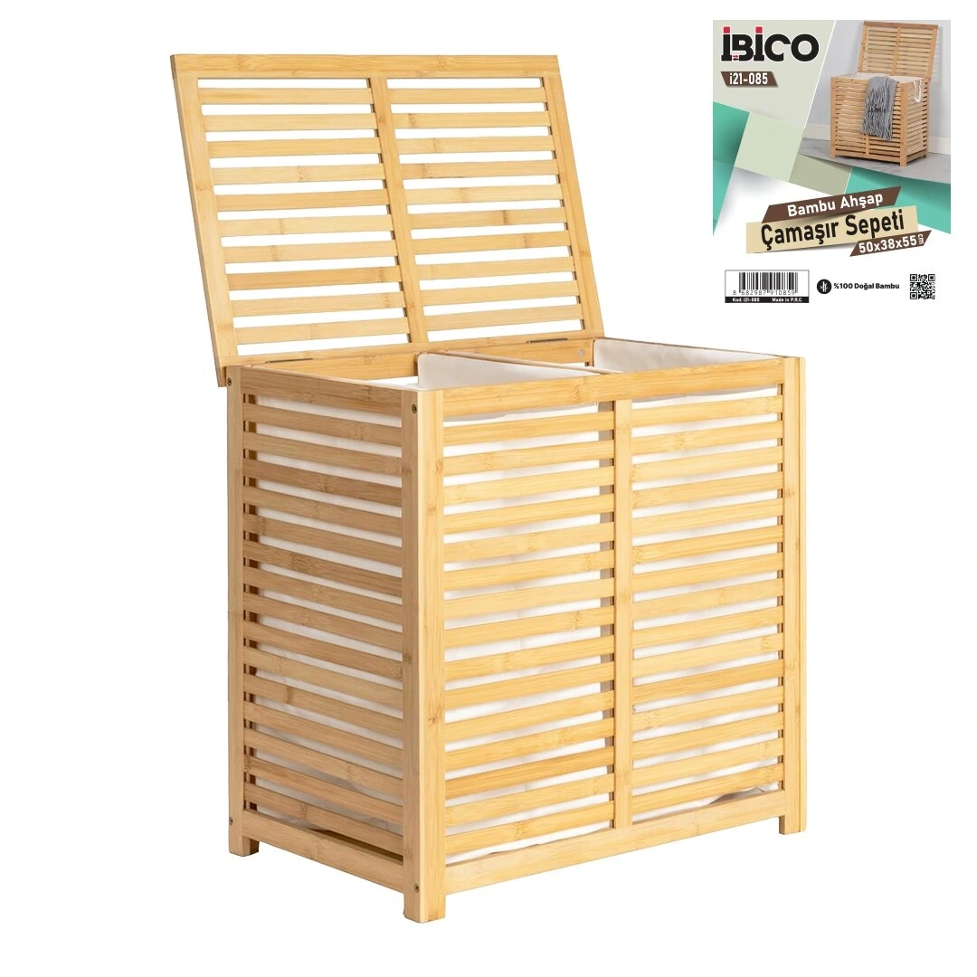 İBİCO İ21-085 LAUNDRY BASKET ( 2 BÖLMELİ )(AHŞAP BAMBU) KİRLİ ÇAMAŞIR SEPET (KUMAŞ ÇANTALI) (SEPET=50X38X55CM)*6