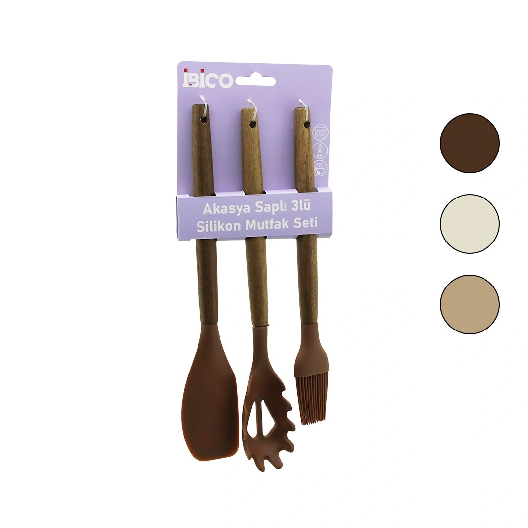 İBİCO İ22-011 ( 3PCS ) RENKLİ SİLİKON MUTFAK SETİ ( AHŞAP & AKASYA SAPLI ) ( YUMURTA FIRÇA-MAKARNA KAŞIK-SPATULA)*12X6
