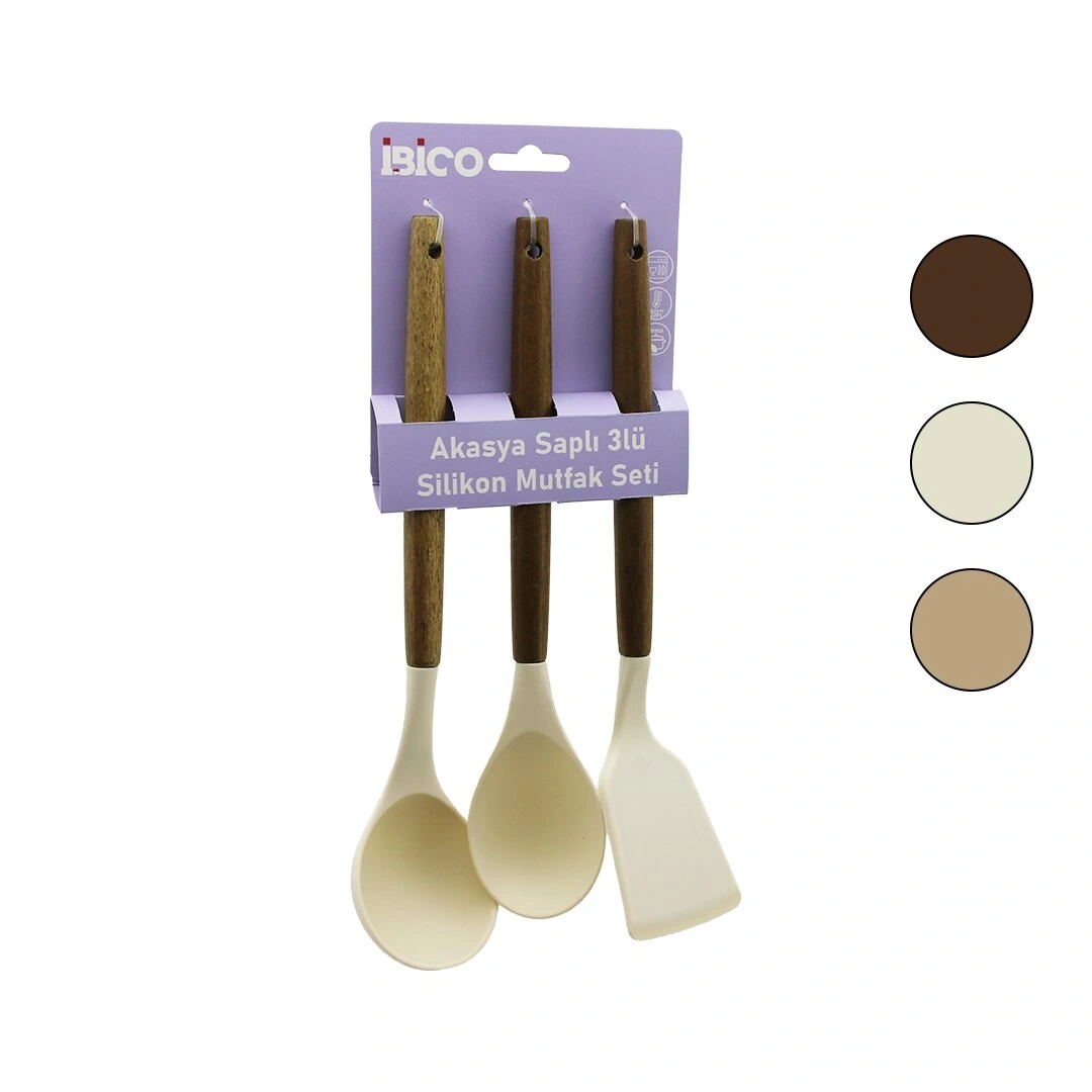 İBİCO İ22-013 ( 3PCS ) RENKLİ SİLİKON MUTFAK SETİ ( AHŞAP & AKASYA SAPLI ) ( KEPÇE-KAŞIK-SPATULA)*12X6