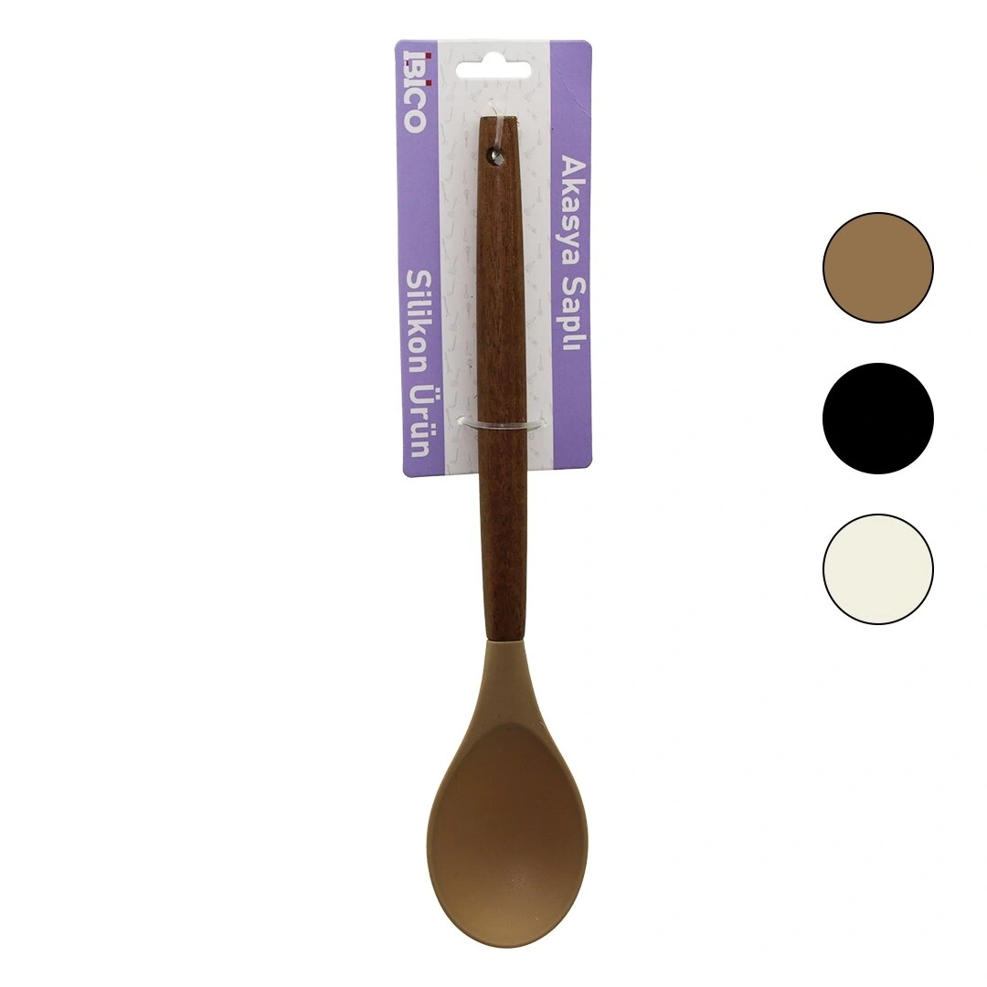 İBİCO İ22-015 ( RENKLİ SİLİKON ) ( AHŞAP AKASYA SAPLI ) KAŞIK ( SERVİS ) ( 29CM )*6X24