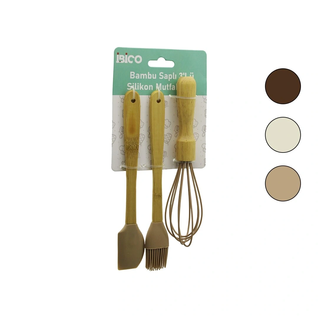 İBİCO İ22-026 ( 3PCS & MİNİ ) SİLİKON MUTFAK SETİ ( AHŞAP & BAMBU SAPLI ) ( ÇIRPICI-YUMURTA FIRÇA-SPATULA)*12X6