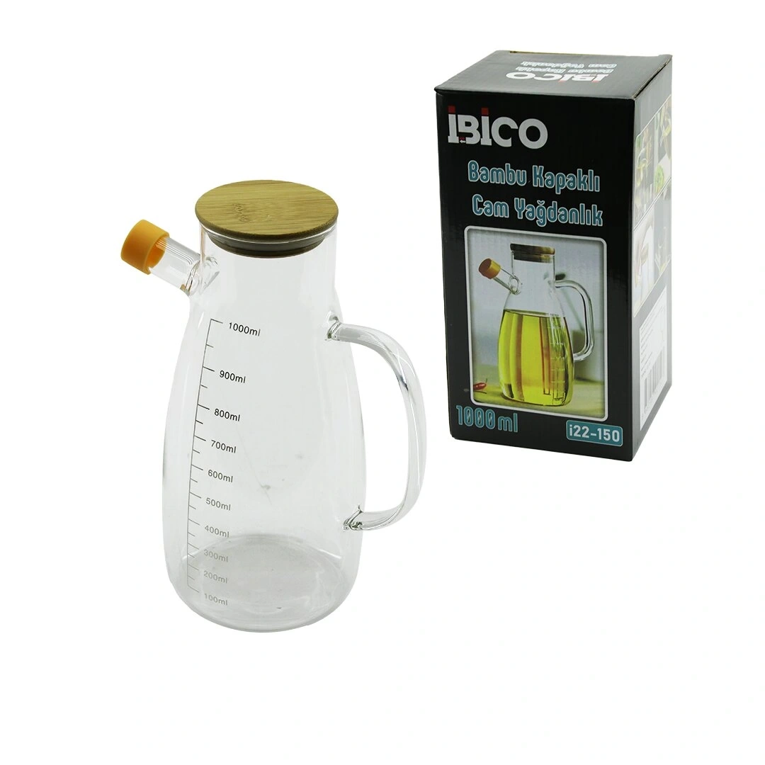İBİCO İ22-150 ( 1000ML ) ( CAM ) YAĞDANLIK ( BAMBU KAPAKLI & ÖLÇEKLİ ) ( CAM KULPLU )*24=K