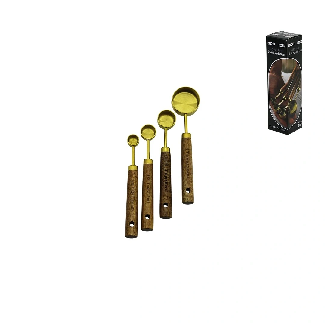 İBİCO İ22-317 ( 4PCS ) (GOLD METAL) ÖLÇÜ KAŞIK SET (OTANTİK AĞAÇ KULP) (1CUP: 15ML & 1/2 CUP: 5ML & 1/3 CUP: 2.5ML & 1/4 CUP: 1.25ML)*96