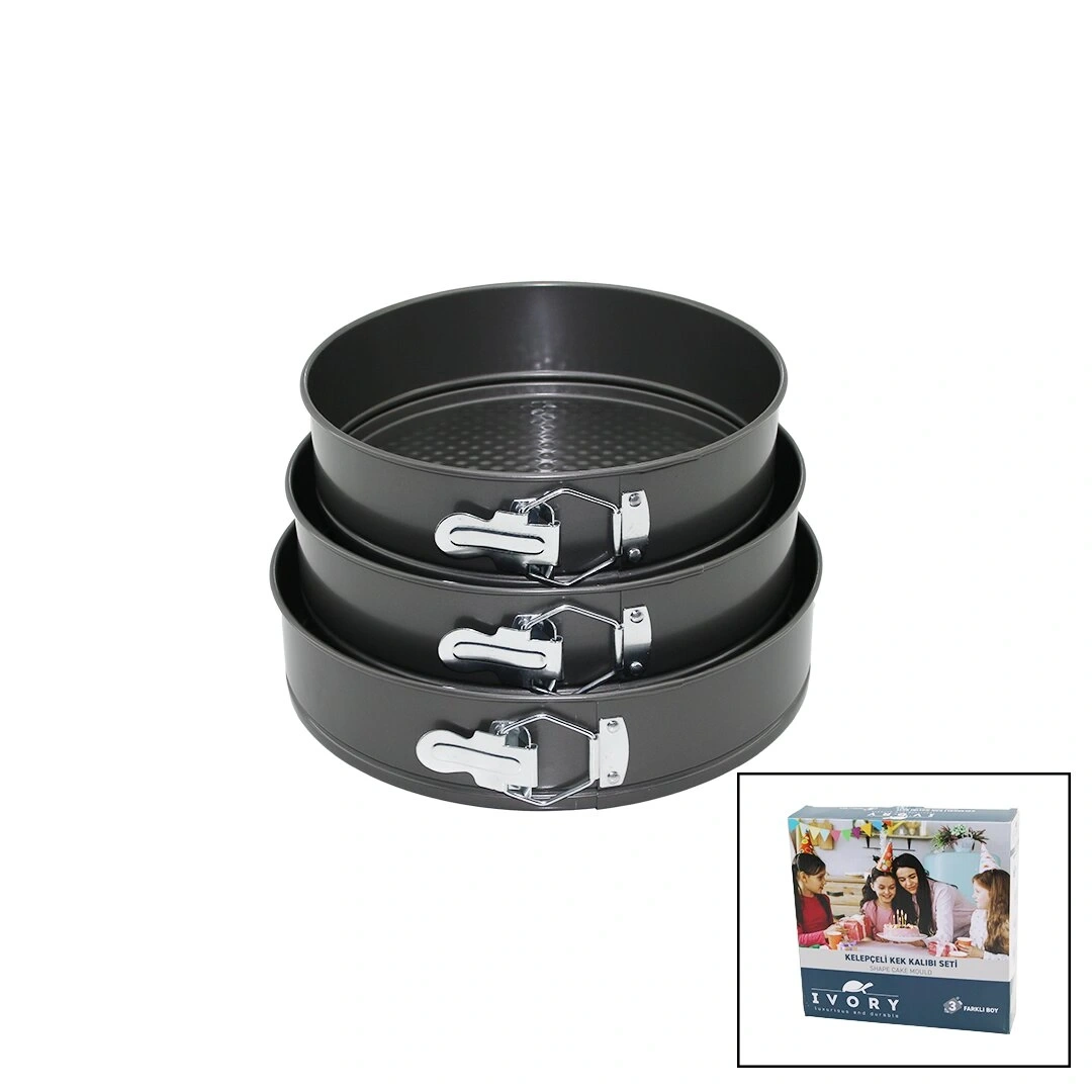IVORY IVO-EKK03 ( 3 BOY ) ( YUVARLAK ) ( METAL & KELEPÇELİ ) KEK KALIP SETİ ( 24-26-28CM )*12