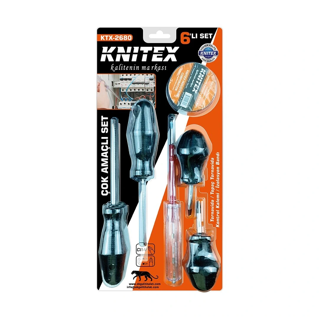 KNITEX KTX-2680 ( 6PCS ) TORNAVİDA & ÇOK AMAÇLI SET ( TORNAVİDA & TOPAÇ TORNAVİDA & KONTROL KALEM & ELEKTRİK BANT)*72