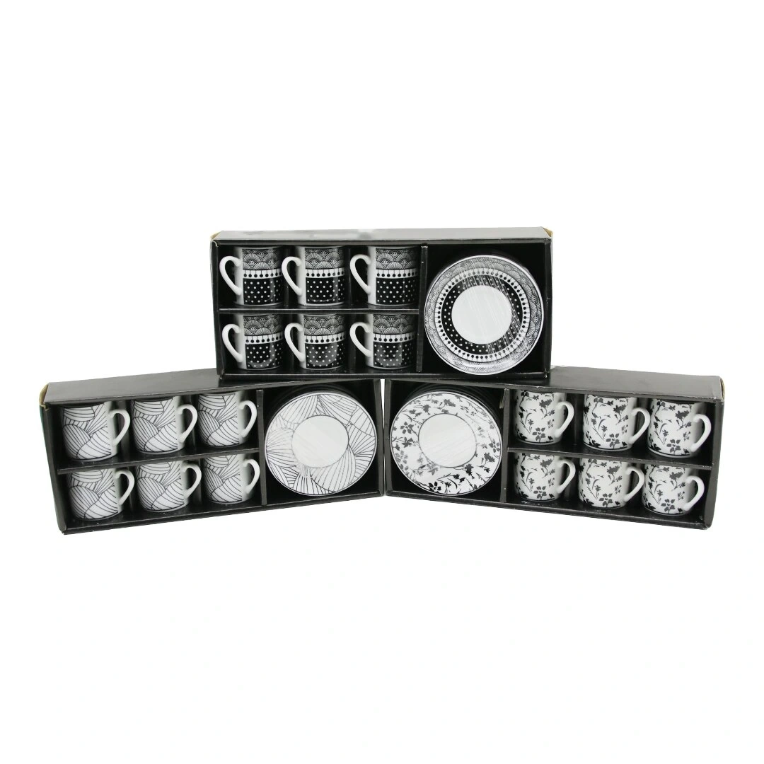 NEWLİFE CLKN-2371 ( SİYAH & BEYAZ ) ( 12PCS=6-TAKIM ) PORSELEN KAHVE FİNCANI ( ÇİÇEK & ÇİZGİ & NOKTA MİX DESEN )*12