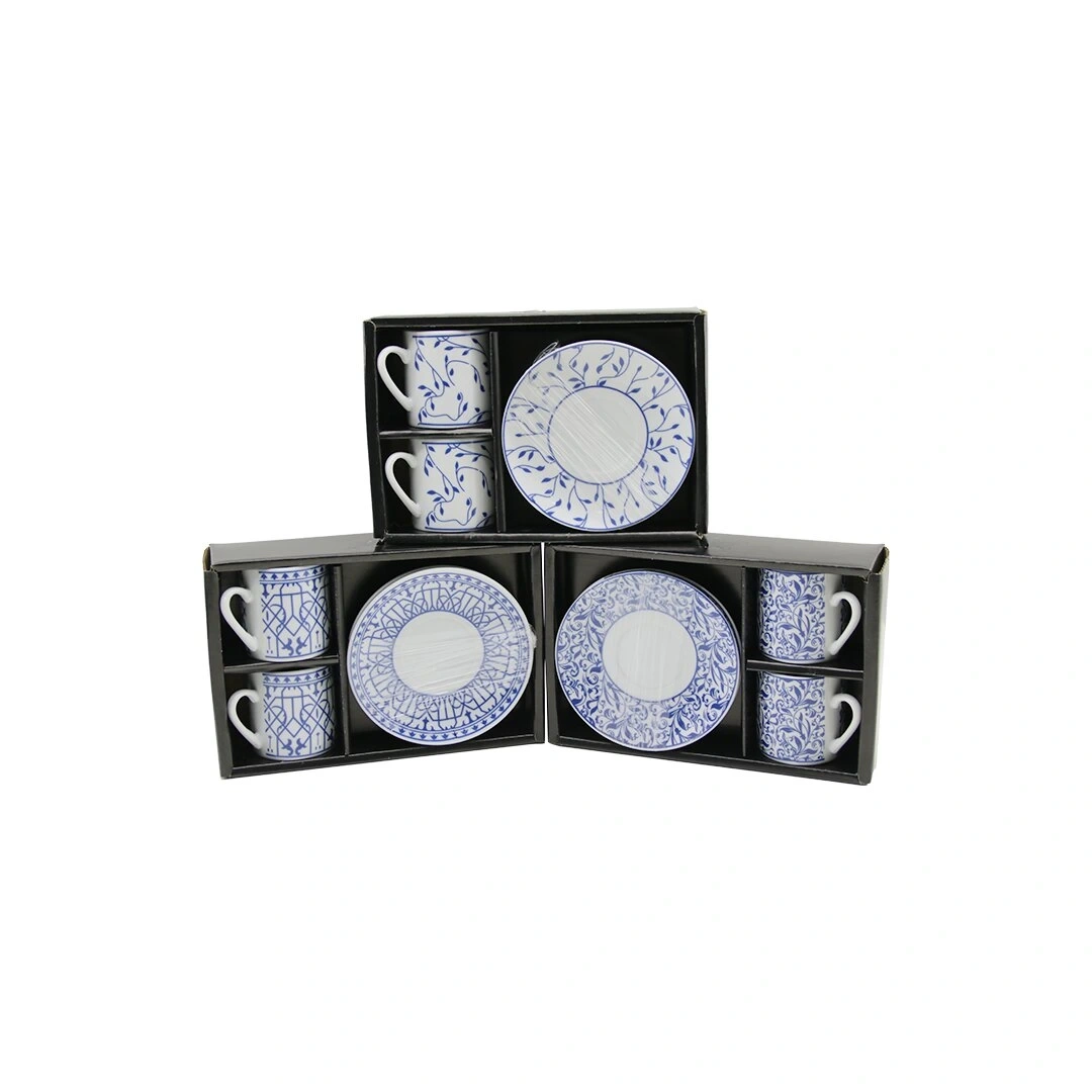 NEWLİFE CLKN-2372 ( MAVİ & BEYAZ ) ( 4PCS=2-TAKIM ) PORSELEN KAHVE FİNCANI ( ÇİÇEK & ÇİZGİ & NOKTA MİX DESEN )*36