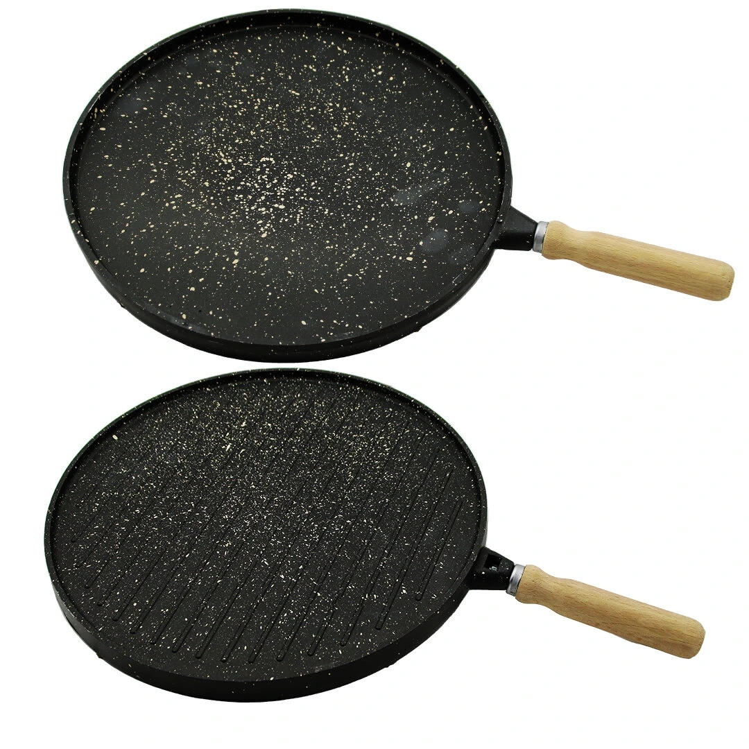 ÖZTEF ( ÇİFT TARAFLI ) ( 34CM ) DÖKÜM ( BAZLAMA & GÖZLEME & IZGARA ) TAVASI ( AHŞAP SAPLI )*12