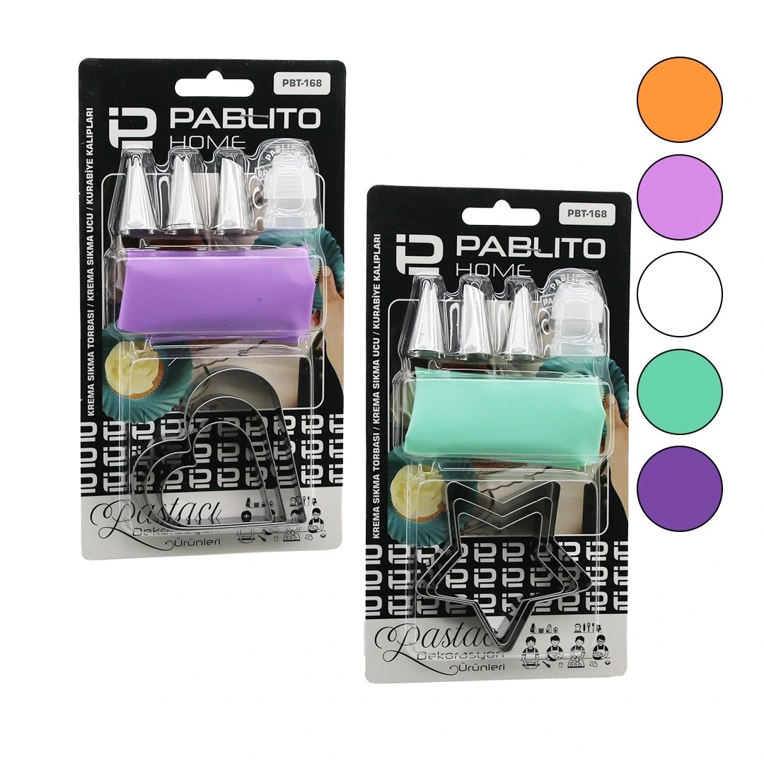PABLİTO HOME PBT-168 (8PCS) (PASTA SÜSLEME DEKORASYON SETİ=KREMA TORBASI & METAL UÇ) & (KURABİYE KALIP=KALP-YILDIZ)*240
