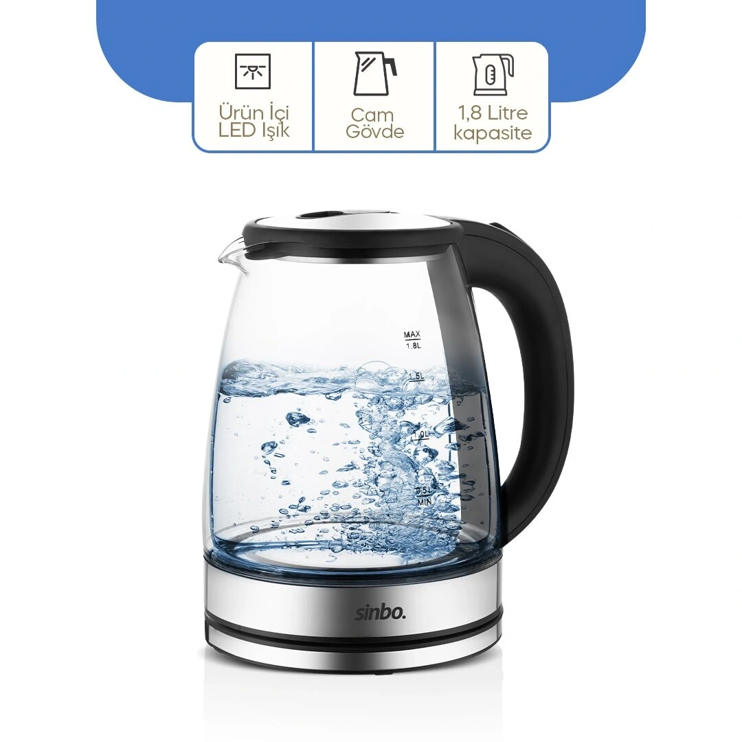 SİNBO SK-8033 ( CAM & LEDLİ ) KETTLE ( 1.8LT ) ( GİZLİ REZİSTANS & KABLOSUZ ) (360° GÖVDE ) 1500W*4
