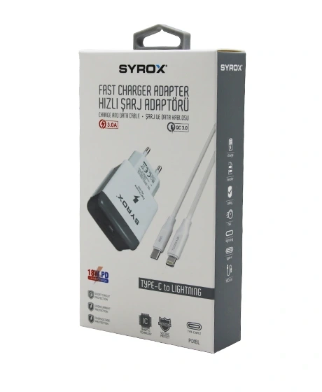 SYROX PD18L ( İPHONE ) ( TYPE-C TO LIGHTNING ) ( HIZLI ) EV ŞARJ SETİ 3.0A 18W PD*200