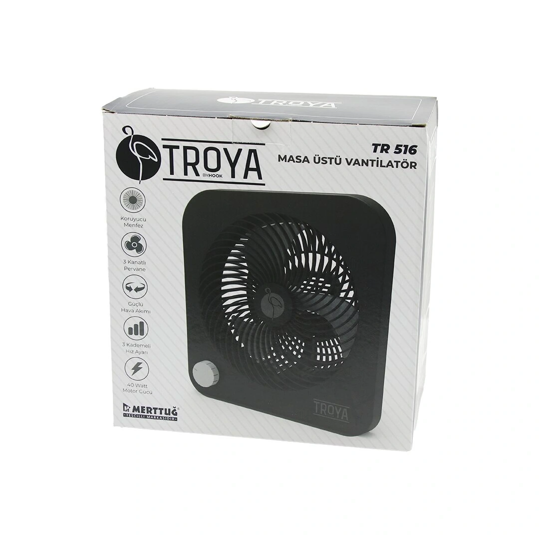 TROYA BY HOOK TR-516 MASA ÜSTÜ VANTİLATÖR (FAN=22CM) (3 KADEME HIZ) (40W) ( 3 PERVANE ) (SİYAH PLS.STAND=28X27X13CM)*6