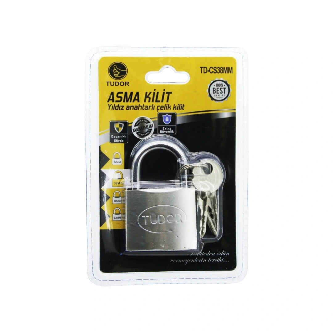 TUDOR TD-CS38MM (VAKUMLU) (YILDIZ & ÇİVİ ANAHTARLI) ( 38MM & GRİ ) ( KISA KANCALI ) ÇELİK ASMA KİLİT*12X20
