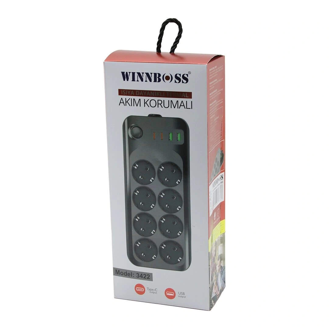 WINNBOSS-3422 TERMAL AKIM & KISA DEVRE KORUMALI (8Lİ PRİZ) (2+2 USB-TYPE-C) (2MT) (ANAHTARLI) UZATMA KABLO (16A & 4000W)*30