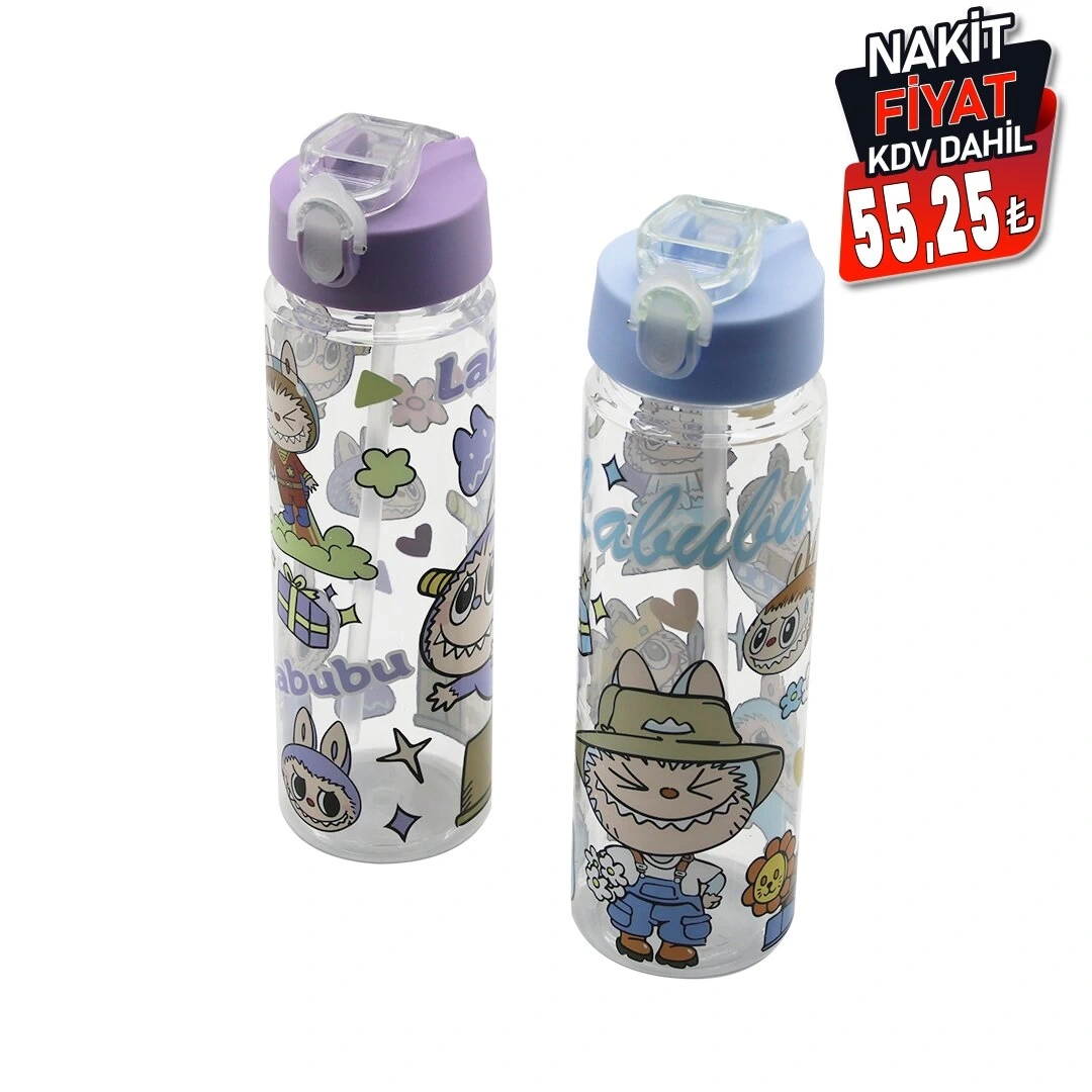 YAKUT-13188 ( LABUBU ) ( ÇOCUK ÇİZGİ FİLM KARAKTER RESİMLİ ) SU MATARASI ( ŞEFFAF PLASTİK ) ( PİPETLİ ) ( KİLİTLİ KAPAK )*100